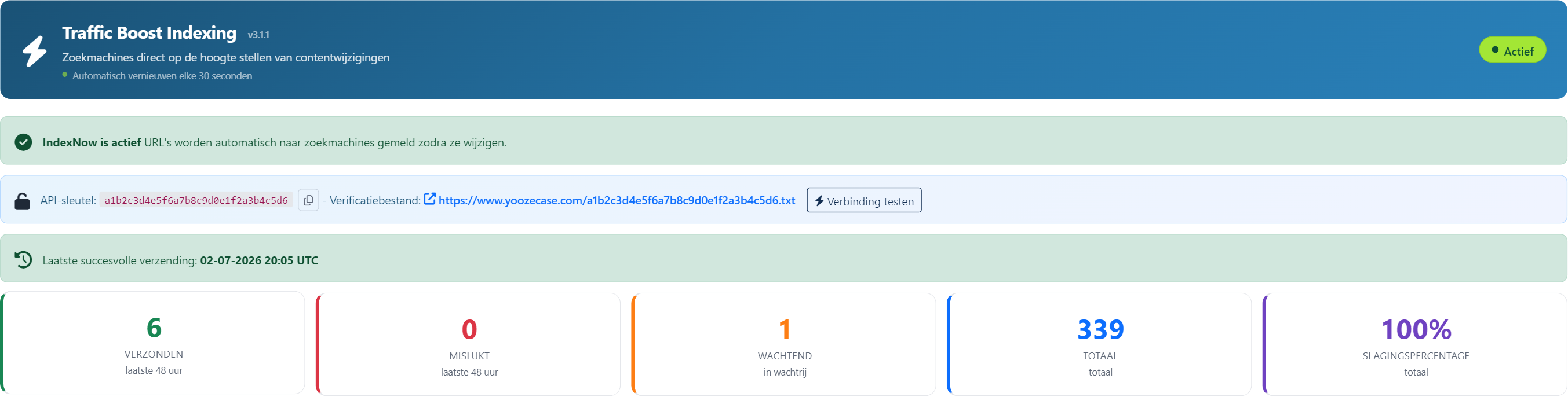 Traffic Boost Indexing dashboard showing an active IndexNow connection and 339 successful submissions on yoozecase.com